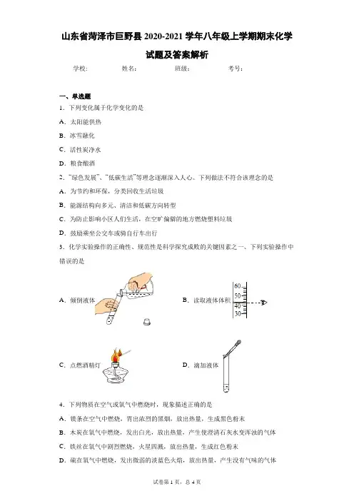 山东省菏泽市巨野县2020-2021学年八年级上学期期末化学试题及答案解析