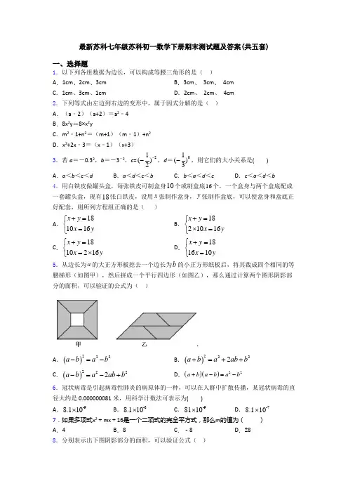 最新苏科七年级苏科初一数学下册期末测试题及答案(共五套)