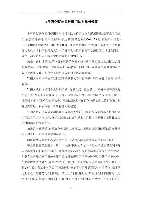 市引进创新创业科研团队申报书模版