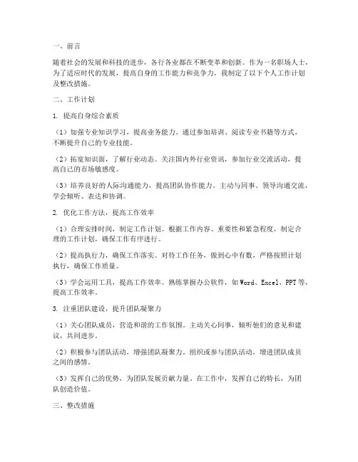 个人工作计划及整改措施