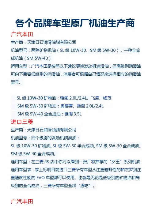 各原厂机油品牌