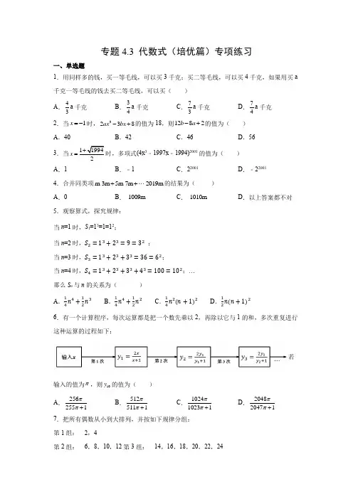 2022-2023学年浙江七年级数学上学期阶段性复习精练(浙教版)专题4-3 代数式(培优篇)
