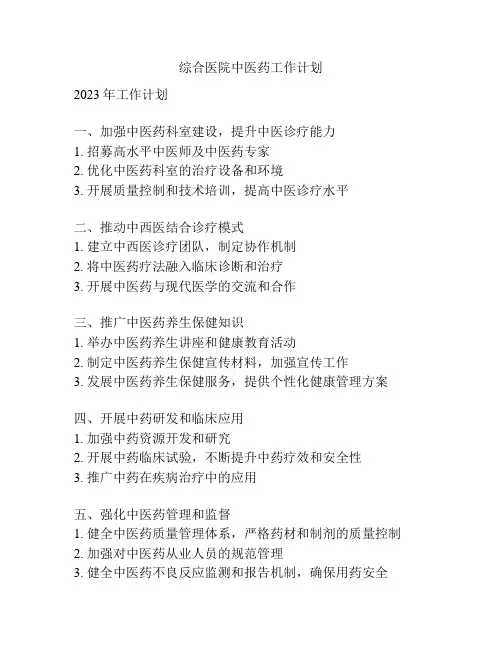 综合医院中医药工作计划