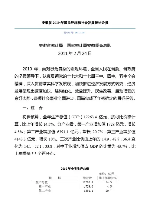 2010年安徽省国民经济和社会发展统计公报