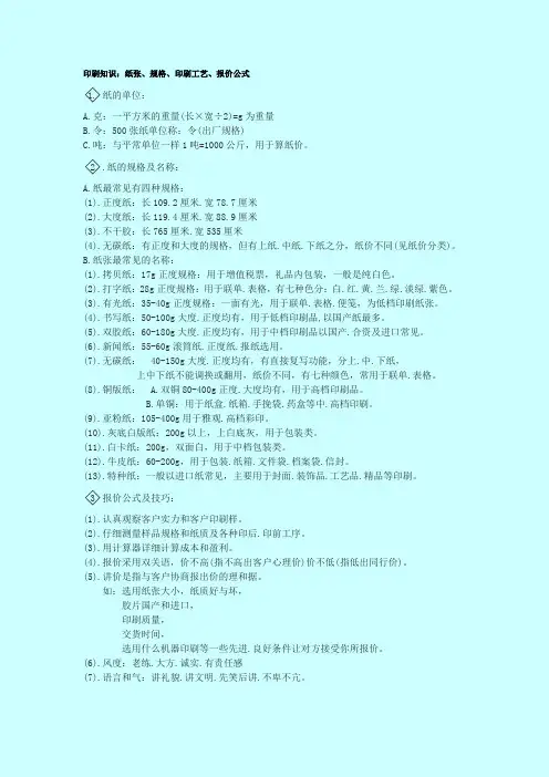 纸张、规格、印刷工艺、报价公式