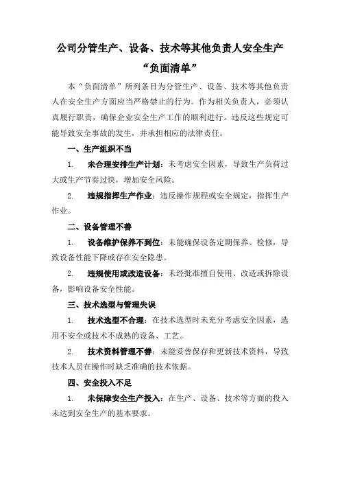 2024公司分管生产、设备、技术等其他负责人安全生产“负面清单”模板