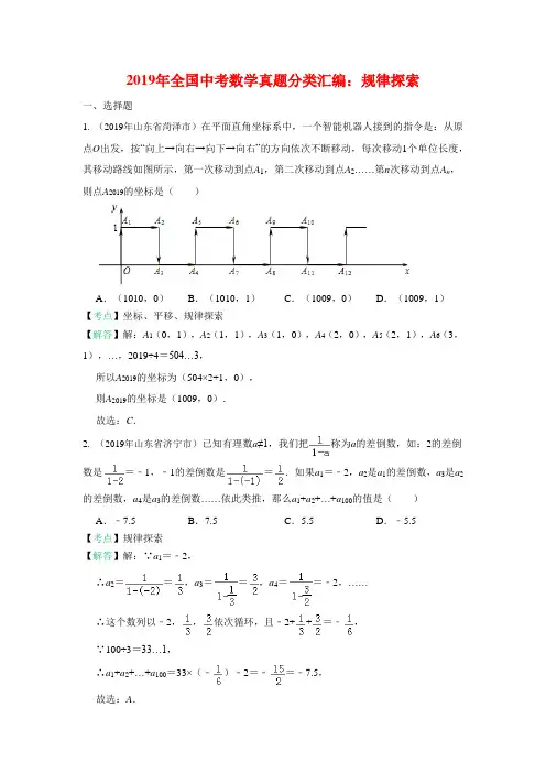 2019年全国中考数学真题分类汇编：规律探索(含答案)