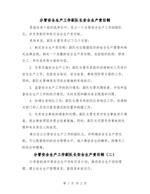 分管安全生产工作副队长安全生产责任制(二篇)