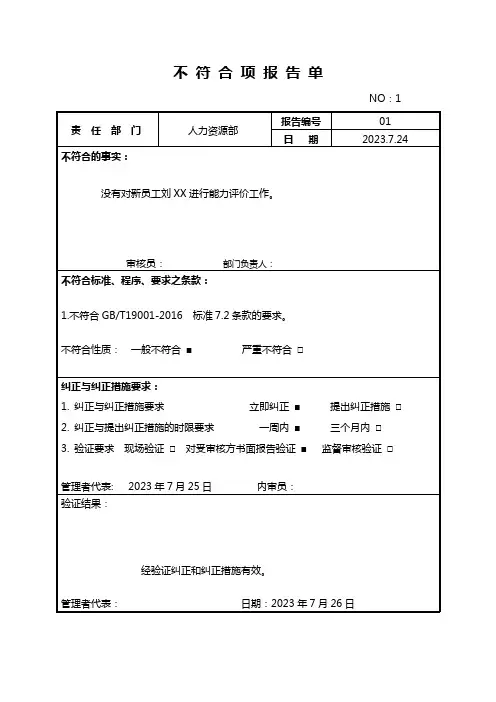 公司内部审核-不合格报告