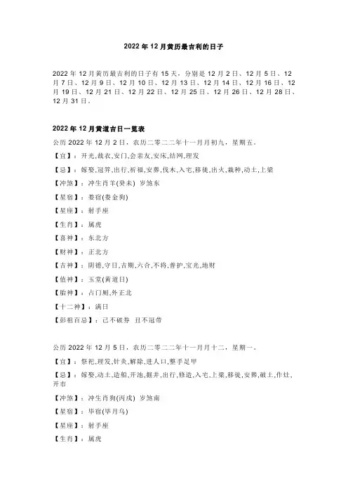 2022年12月最吉利的日子