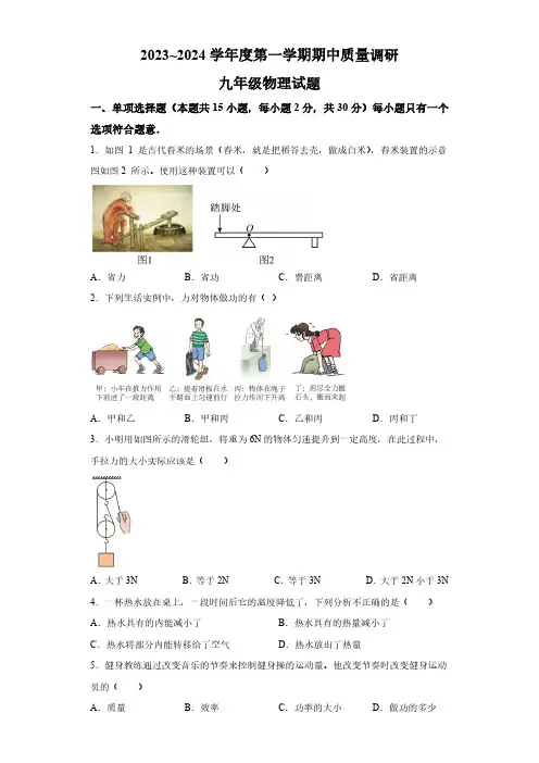 江苏省常州市初级中学2023-2024学年九年级上学期期中质量调研物理试题(含解析)