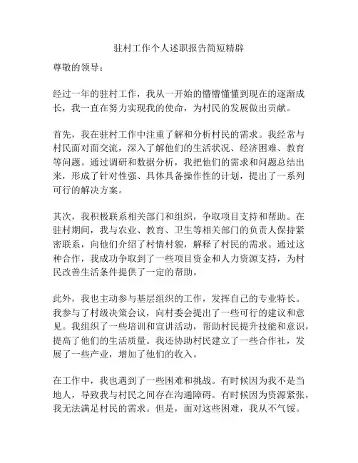 驻村工作个人述职报告简短精辟