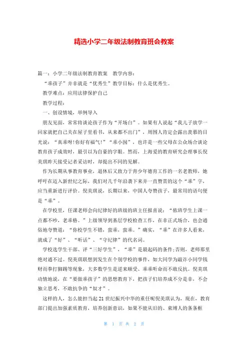 精选小学二年级法制教育班会教案