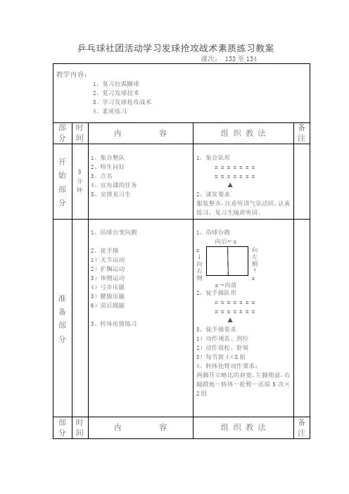 乒乓球社团活动学习发球抢攻战术素质练习教案