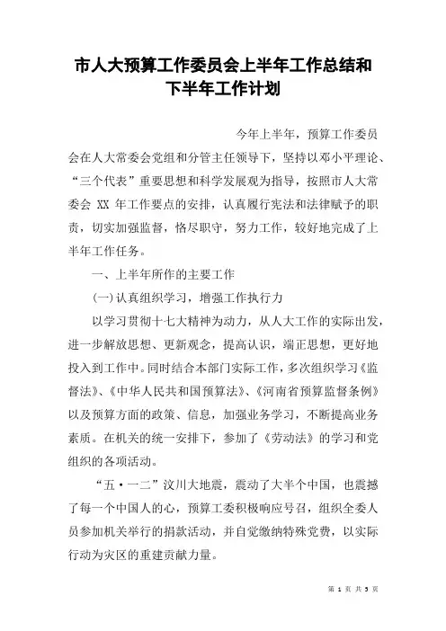 市人大预算工作委员会上半年工作总结和下半年工作计划