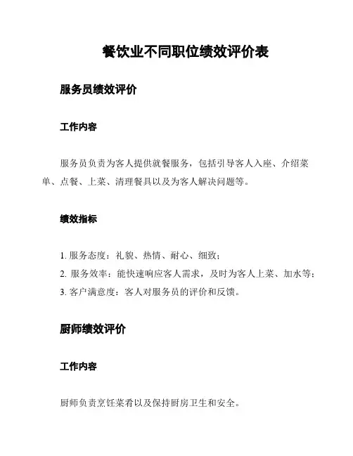 餐饮业不同职位绩效评价表