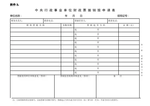 中央行政事业单位财政票据销毁申请表【模板】