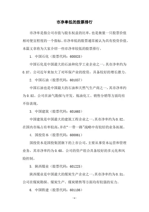 市净率低的股票排行