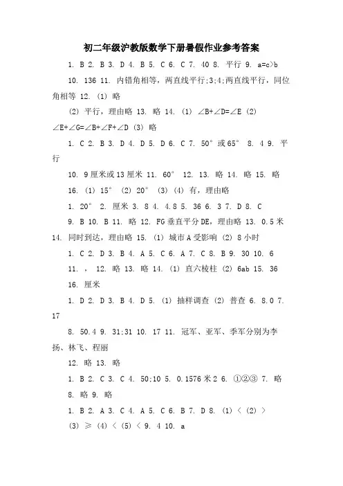初二年级沪教版数学下册暑假作业参考答案