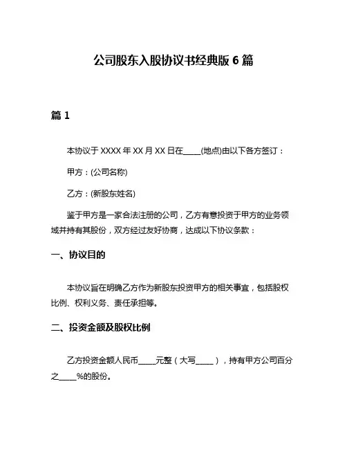 公司股东入股协议书经典版6篇