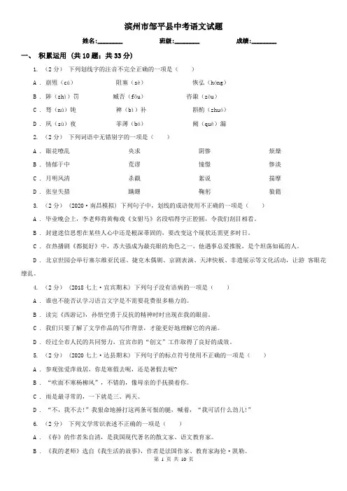 滨州市邹平县中考语文试题