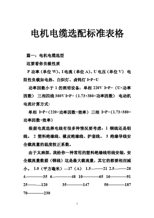 电机电缆选配标准表格