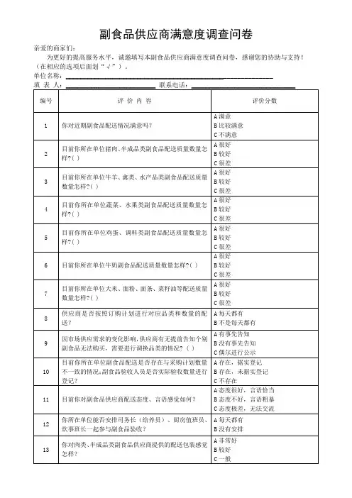副食品供应商满意度调查问卷反馈表(可修改)