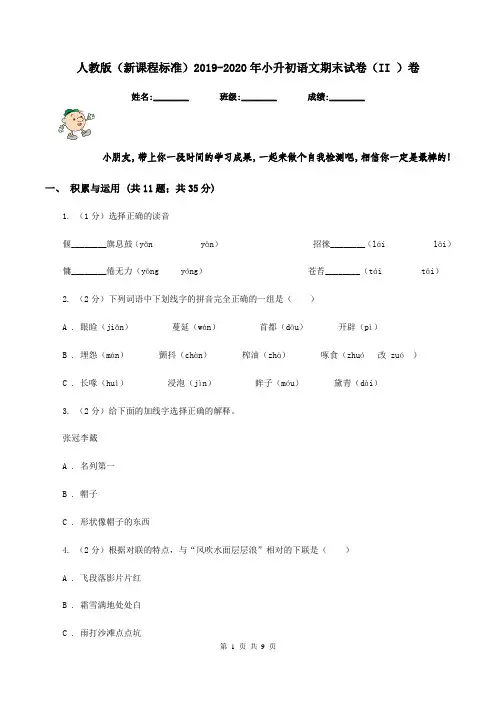 人教版(新课程标准)2019-2020年小升初语文期末试卷(II )卷
