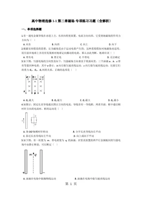 高中物理人教版选修11第二章磁场：专项练习习题(含解析)