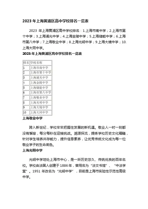 2023年上海黄浦区高中学校排名一览表