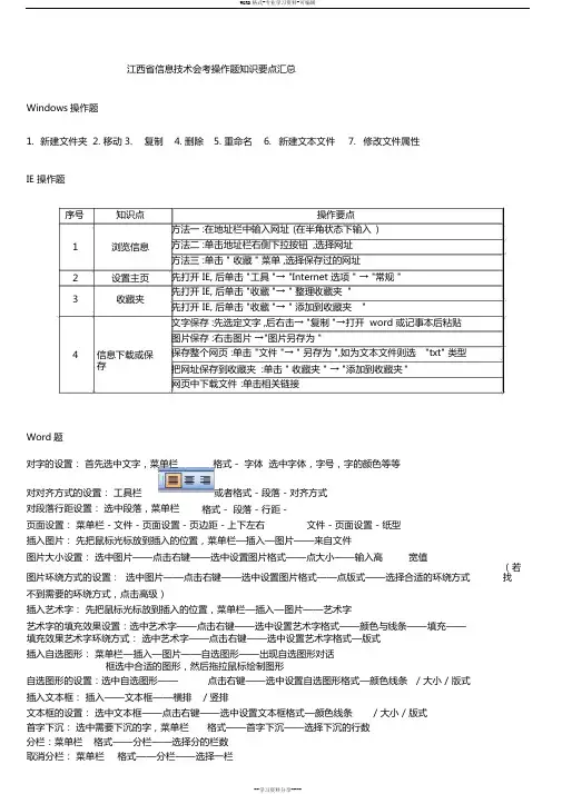 江西省信息技术会考操作题知识要点汇总