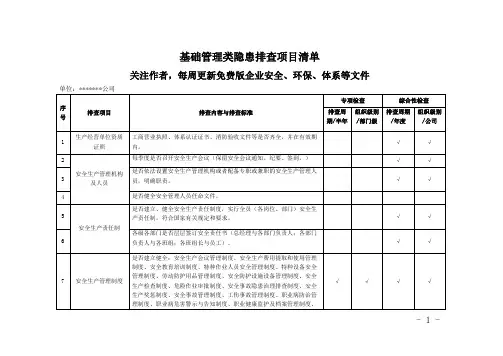 最新版隐患排查项目任务清单