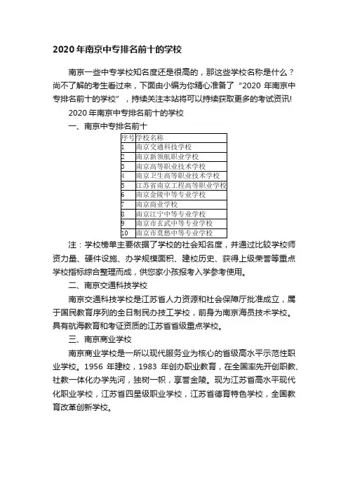 2020年南京中专排名前十的学校