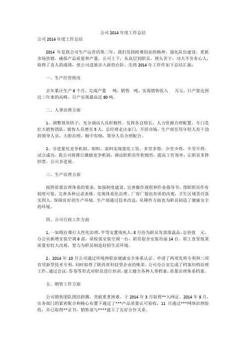 公司2014年度工作总结