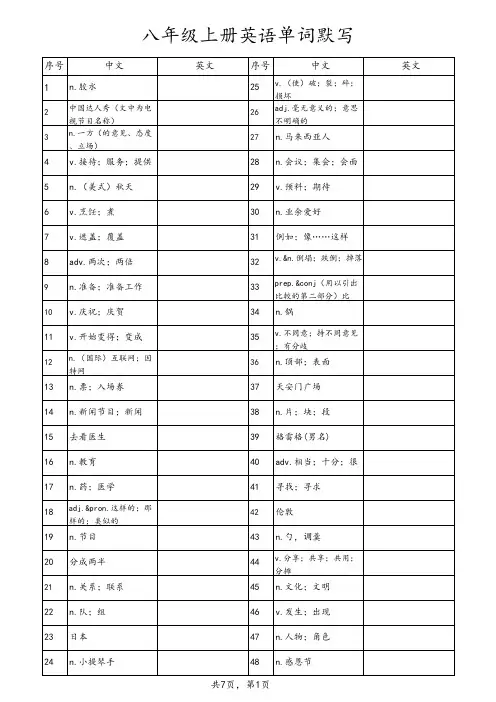 八年级上册英语单词默写