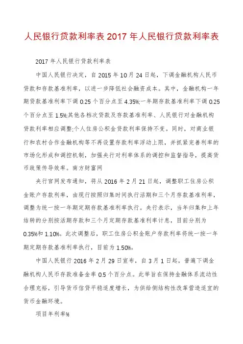 人民银行贷款利率表2017年人民银行贷款利率表
