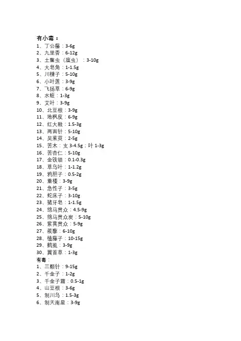 73种有毒中药及用量