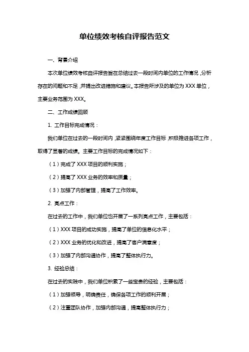 单位绩效考核自评报告范文