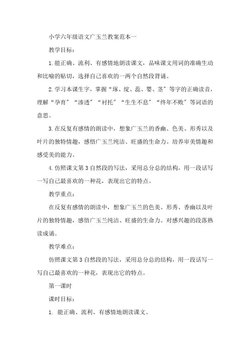 最新小学六年级语文《广玉兰》教案范本三篇