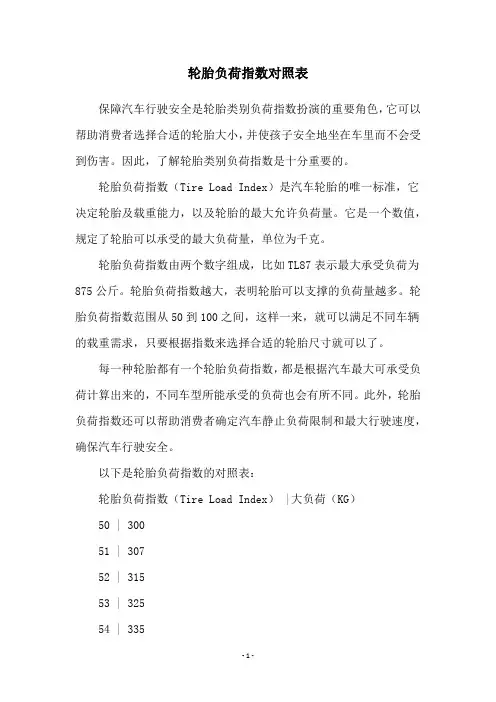 轮胎负荷指数对照表
