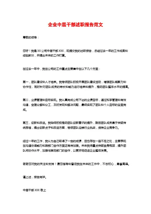 企业中层干部述职报告范文