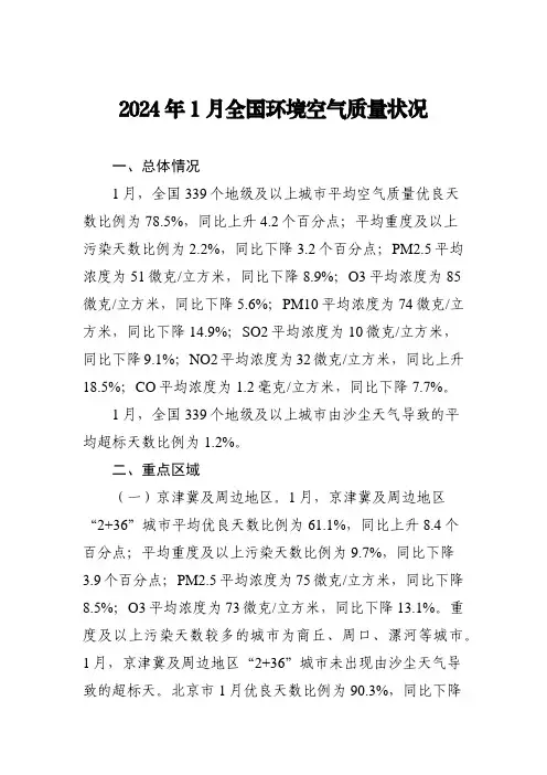 2024年1月全国环境空气质量状况