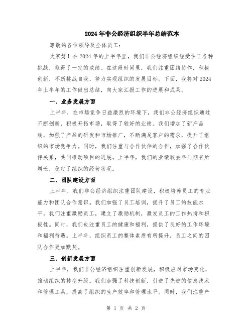 2024年非公经济组织半年总结范本