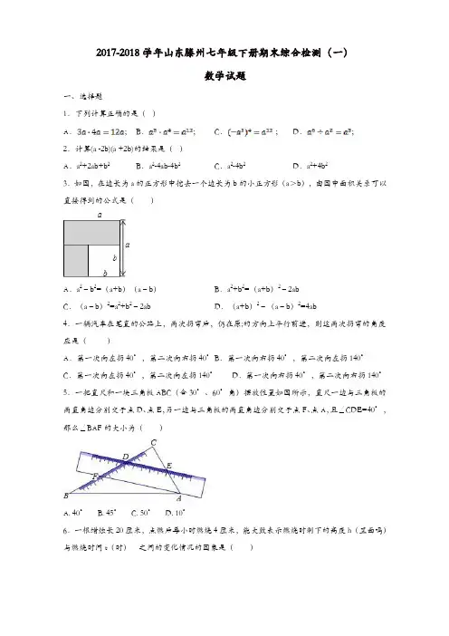 2017-2018年北师大七年级下期末复习综合数学试题(一)有答案