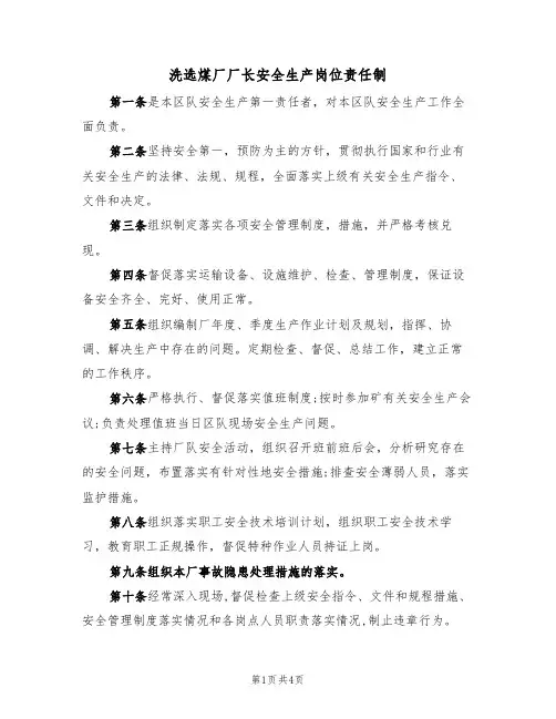 洗选煤厂厂长安全生产岗位责任制（3篇）
