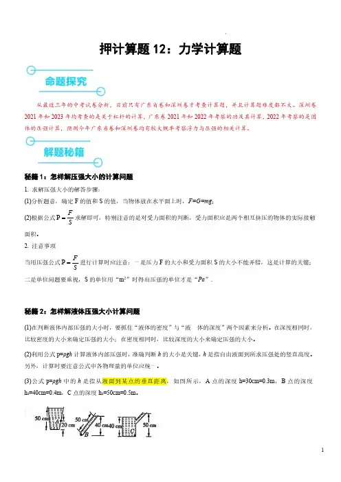押计算题12：力学计算题(压轴)(原卷版)--备战2024年中考物理