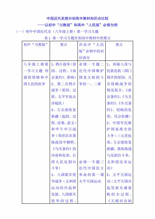 2022年高考历史总复习初高中中国近代史部分教材知识点比较