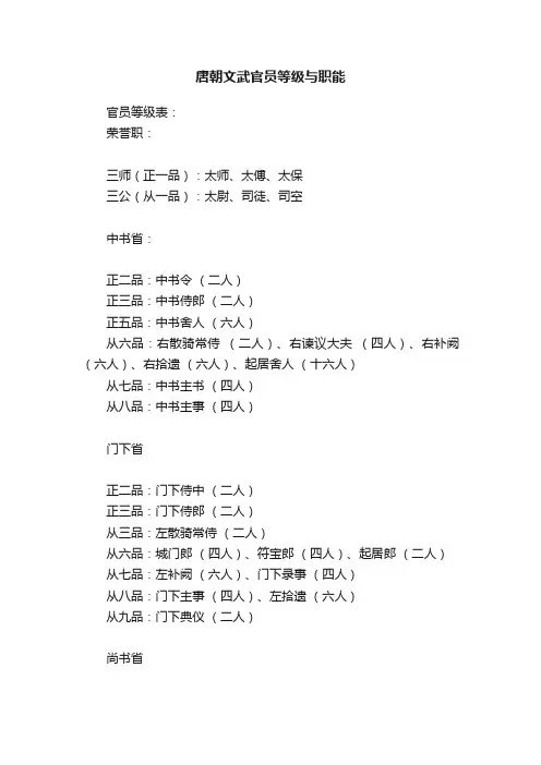 唐朝文武官员等级与职能