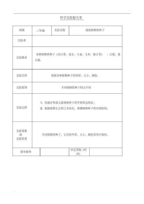 2019教科版科学三年级下册实验报告单(修订版)
