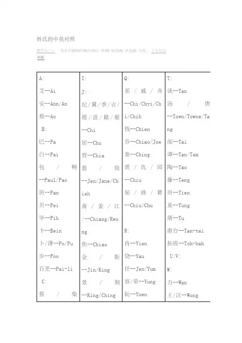 姓氏中英文对照